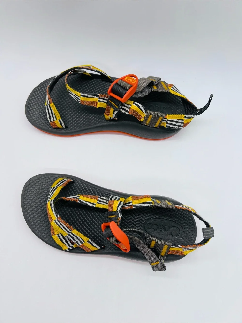 Chaco Kids Z1 Ecotread Sandals in Black, Orange, Yellow Checkerboard Size 3